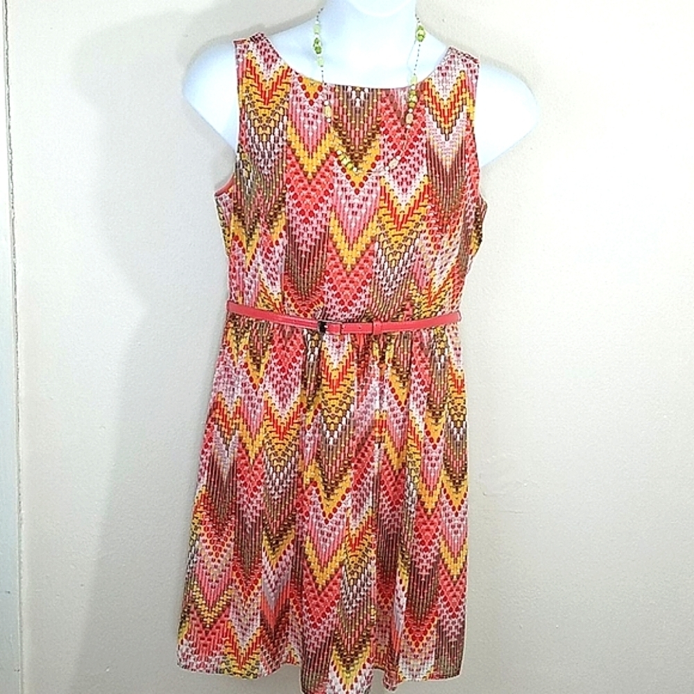 Sundress multicolor belted MIDI lined coral pink yellow striped Ronni Nicole